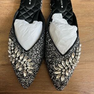 Birdies The Swan jeweled gunmetal sparkle Black Glitter Embellished Mules
